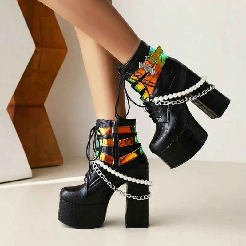 

Ladies Motorcycle Boots Four Seasons Platform Super High Heel Short Boots Metal Chain Color Matching Belt Buckle Women's Shoes