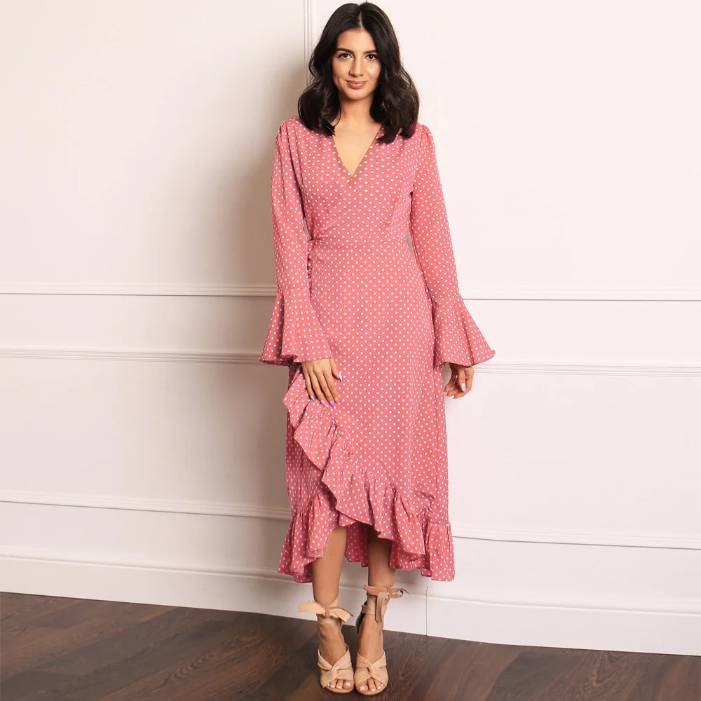 Женское платье в горошек с длинным рукавом оборками 2019 новое модное зимнее