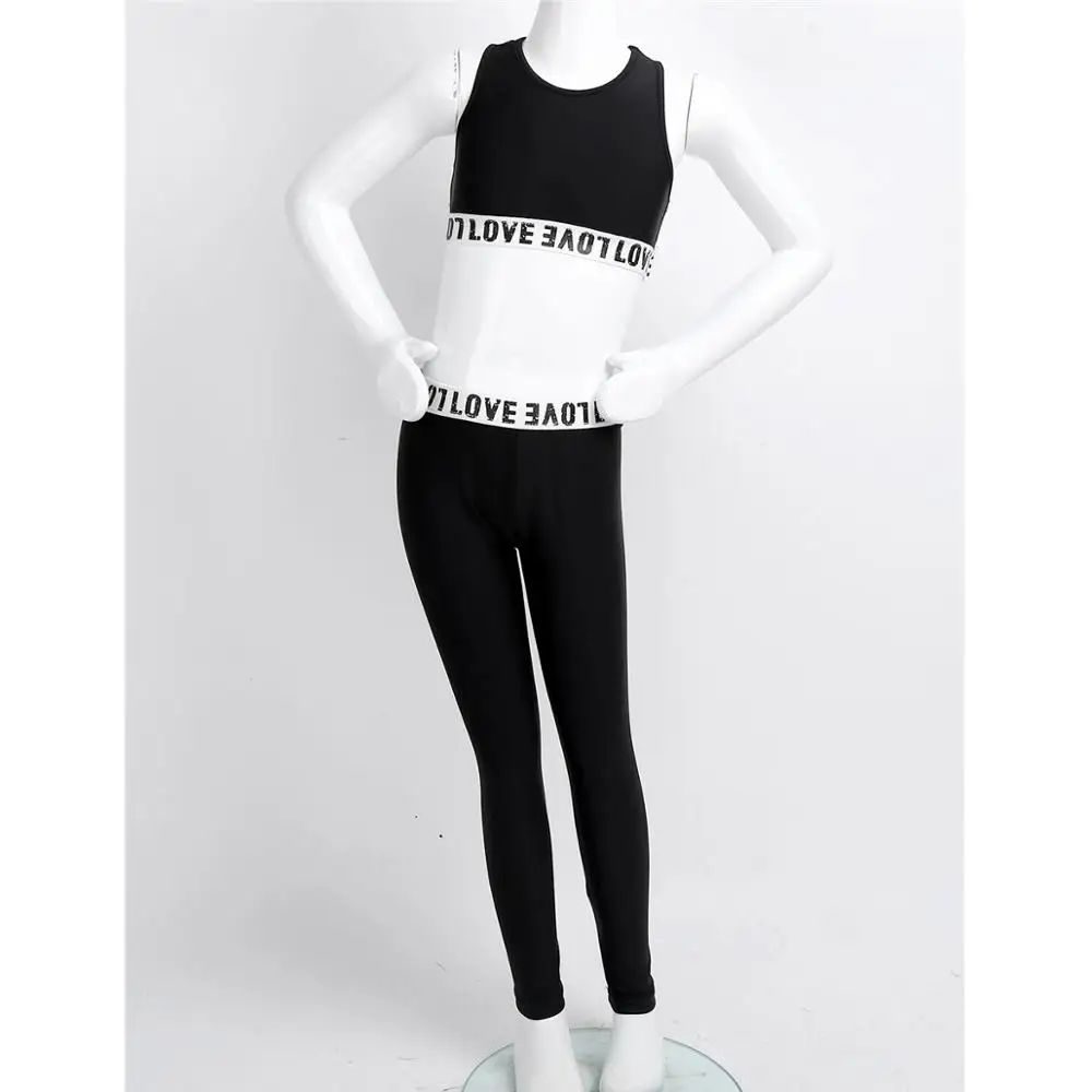 2PCS Children Sports Set Kids Girls Ballet Workout Fitness Suit Sport Outfit Letter Printed Sleeveless Tanks Crop Top + Leggings