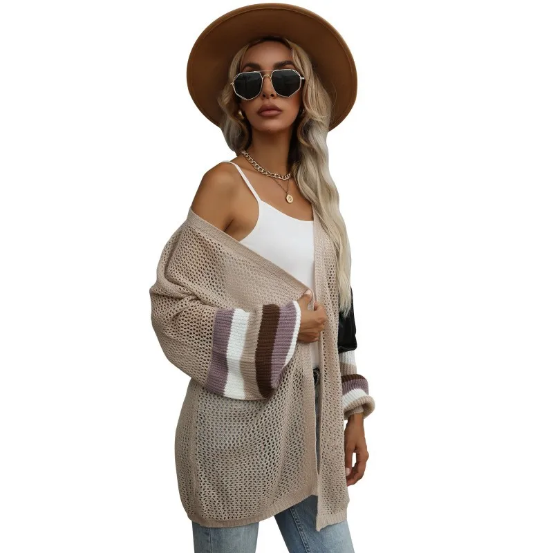 

2021 Women's Autumn New European and American Knitted Medium Length Color Matching Loose Hollow Cardigan Sweater Coat