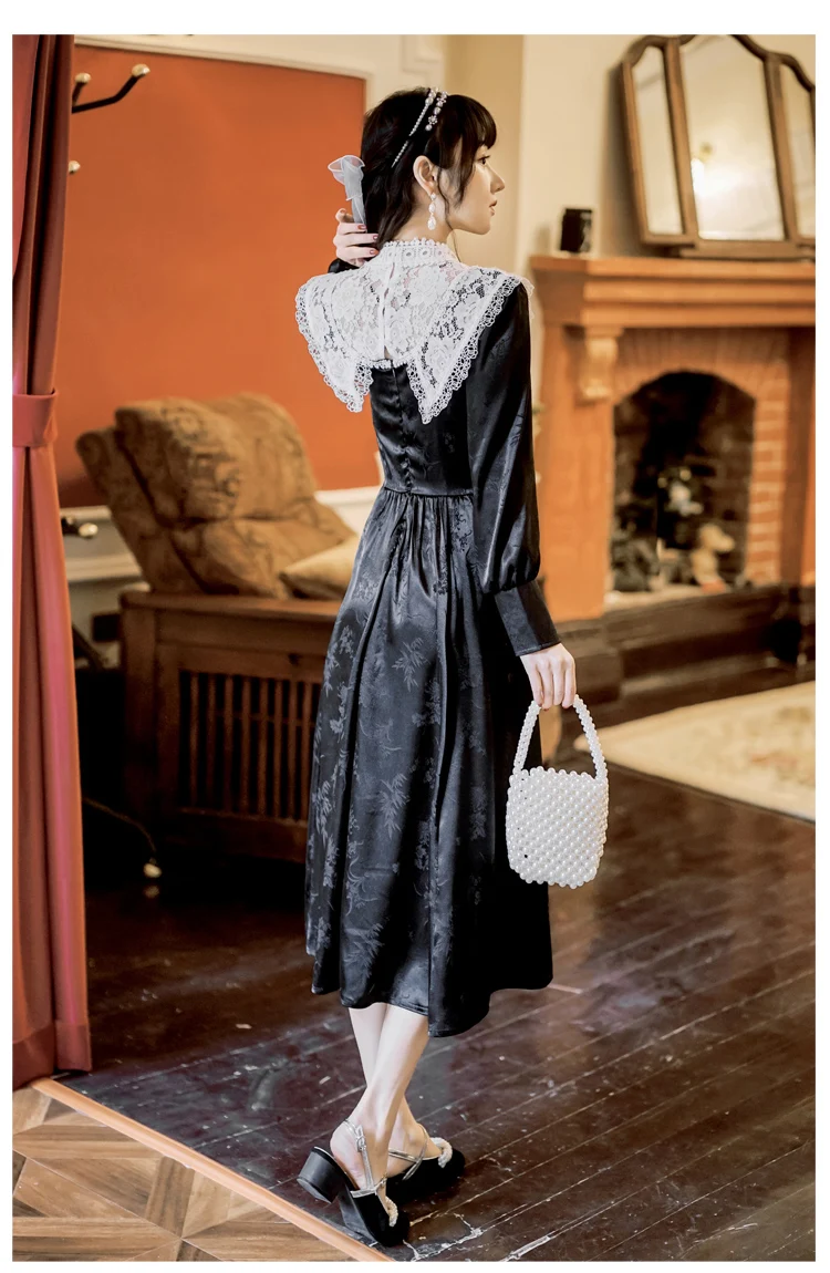 

Bohemian Style Dress 2021 Spring Vintage Palace Dress Black Jacquard Lace Dress Long Sleeve Elegant Long Dress High Waist