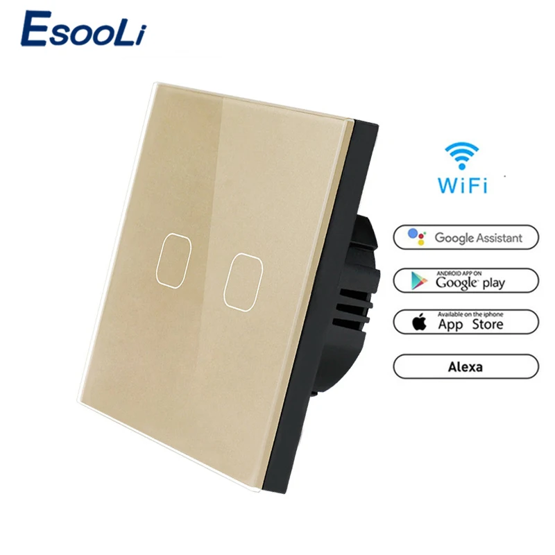 EsooLi 86 Тип сенсорный переключатель умный светильник переключатель wifi светильник переключатель приложение беспроводной пульт дистанционного управления стандарт ЕС работа с Alexa Google Home - Цвет: WiFi Glod 2gang