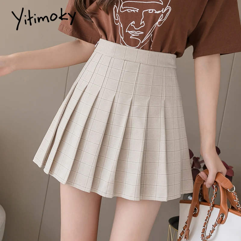 Yitimoky юбка плиссированная клетчатая женская Новая зеленая трапециевидная harajuku с
