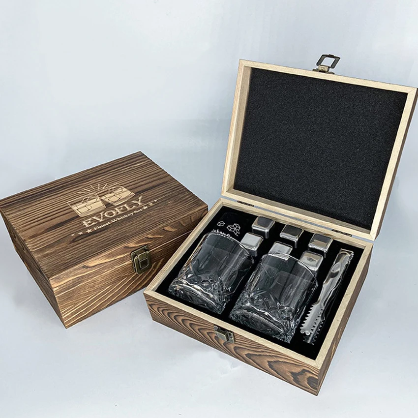 Кубики из нержавеющей стали для виски 304 и стеклянная деревянная коробка набор