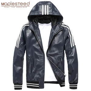 Мужская кожаная куртка с капюшоном, черная или синяя куртка из 100% натуральной овечьей шкуры в белую полоску, пальто с капюшоном для мальчиков на осень, M183