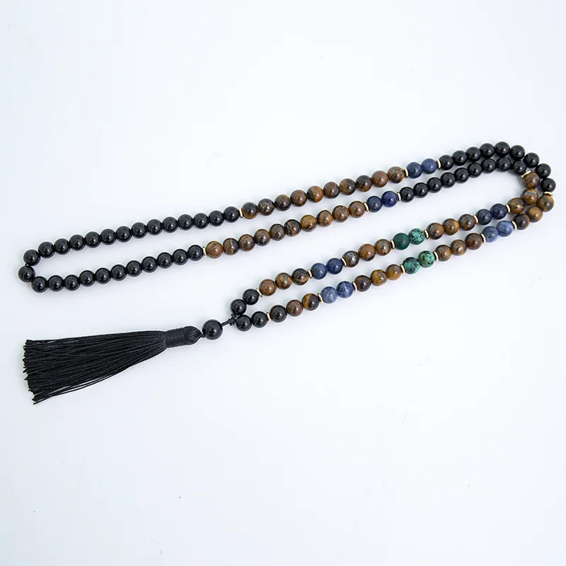 

8mm Natural Tiger Eye Black Onyx African Turquoise Beaded Mala Necklace Meditation Yoga 108 Japamala Tibetan Rosary Jewelry Sets