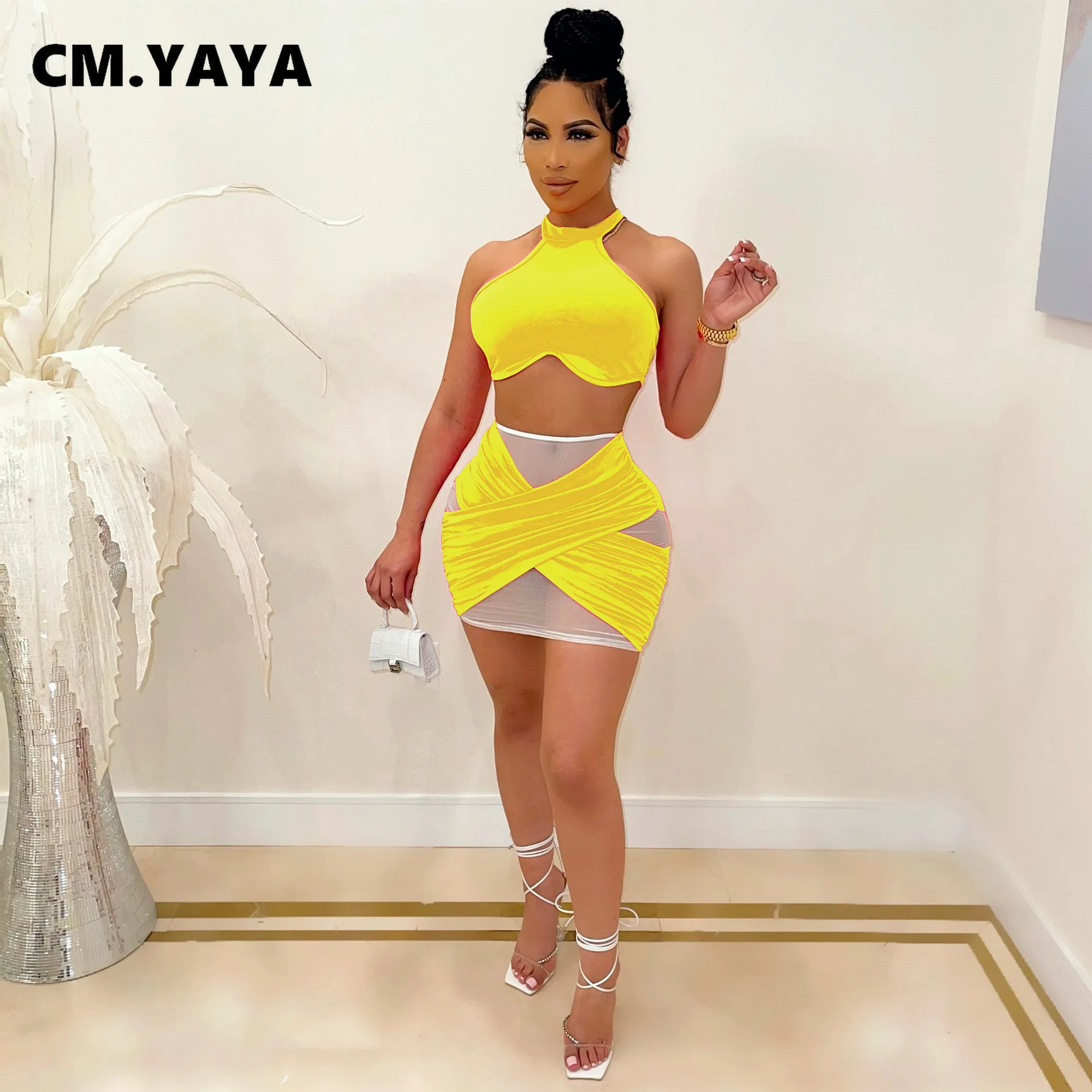 Женский сетчатый комплект CM.YAYA короткий топ и мини-юбка из двух предметов
