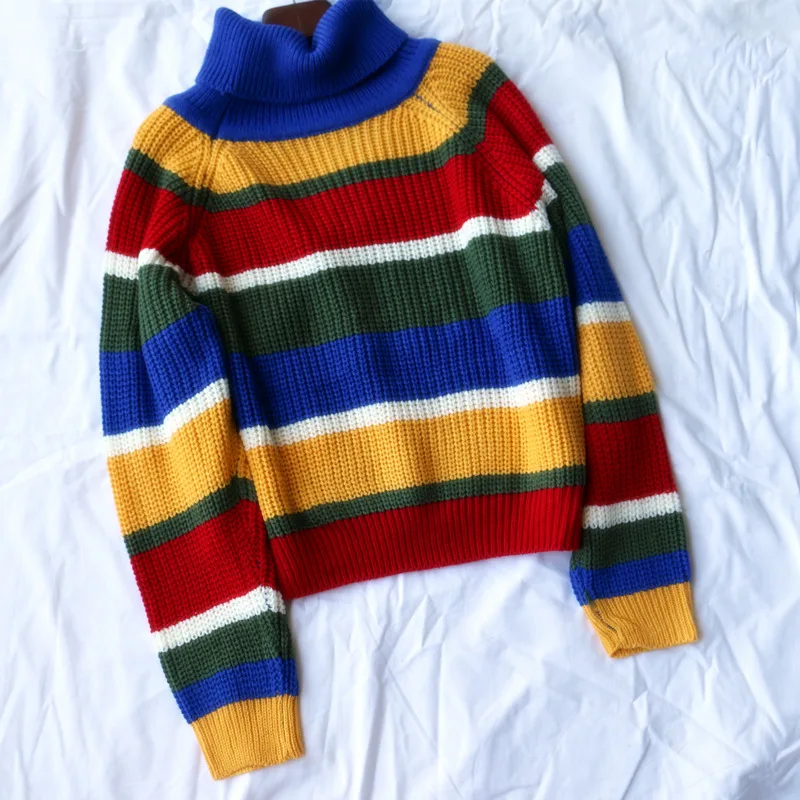 Harjuku Contrast Stripes Roll Turtle Neck Knitted Jumper Turtleneck Sweater with Embroidery WEIRDO Oversized Top For Women / | Женская