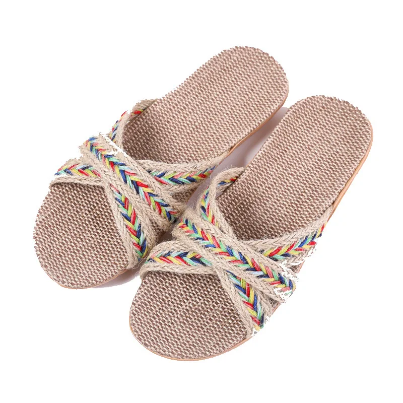 Suihyung Multicolor Flax Slippers For Women 2022 New Summer Indoor Shoes Home Casual Slides Cross Blet Ladies Flip Flops Sandals