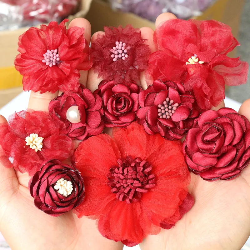 

10PCS/Lot Mix Styles Wine Red Series Fabric Chiffon Rose Flowers Hair DIY Accessories Dress Hats Decoration