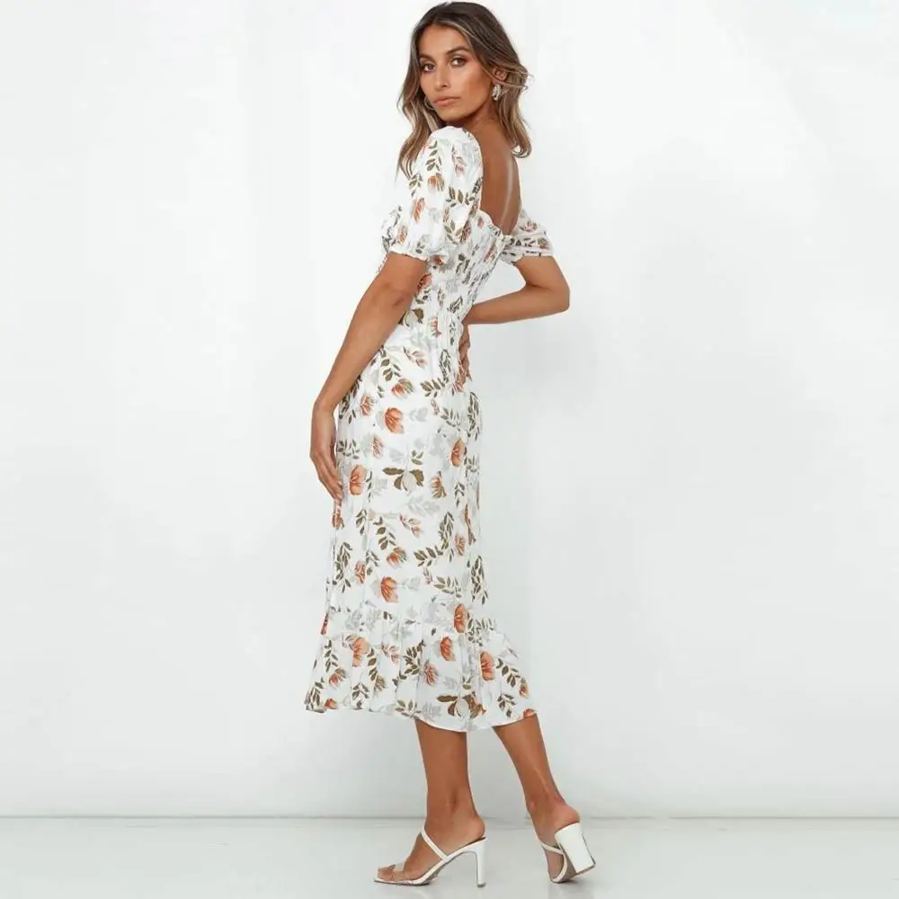 

WildPinky 2021 New Women Slash Neck Floral Print Strapless Dress Summer Casual Long Beach Dress Ladies Split Sundress Vestidos