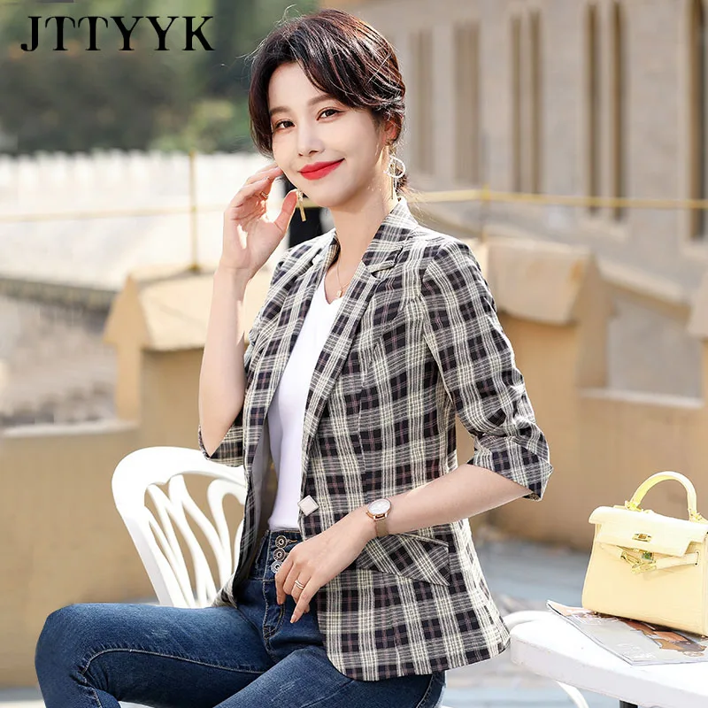 

Plaid Blazer Casual Oversize Woman Spring Summer Clothes Korean Fashion Green Office Suit Elegant Business Elegant Cardigan Coat