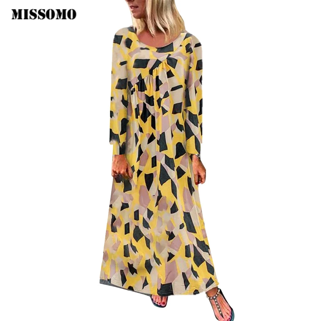 MISSOMO Maxi Dress Women Casual Plus Size vestidos Cotton Linen Print Long Sleeve Loose Boho robe femme vintage 815 | Женская одежда