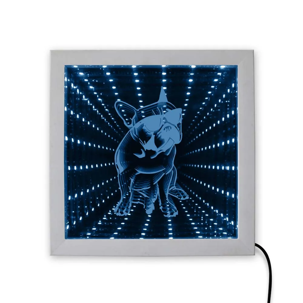 

3D French Bulldog LED Infinity Mirror Night Light Pet Puppy Dog With Sunglass Decor Wall Mirror Lamp Home Decor Wood Frame Light