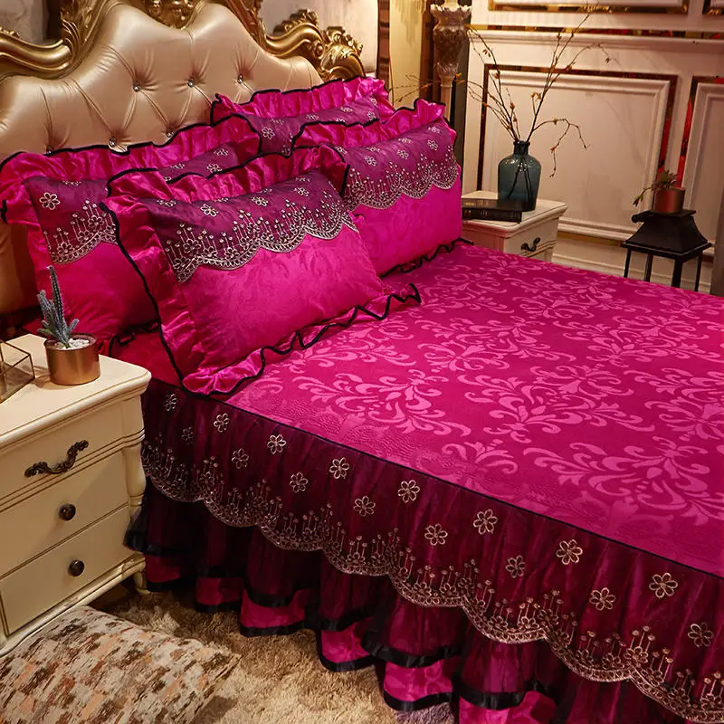 Европа стиль розово-красный бархатный кружевной Принцесса постельное белье
