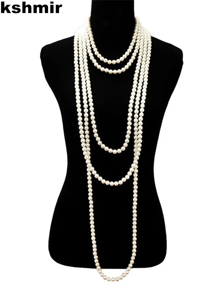 

1.5m -8mm fashion glass imitation pearl necklace women's simple knot multi-layer long sweater chain clothing accessories 2021