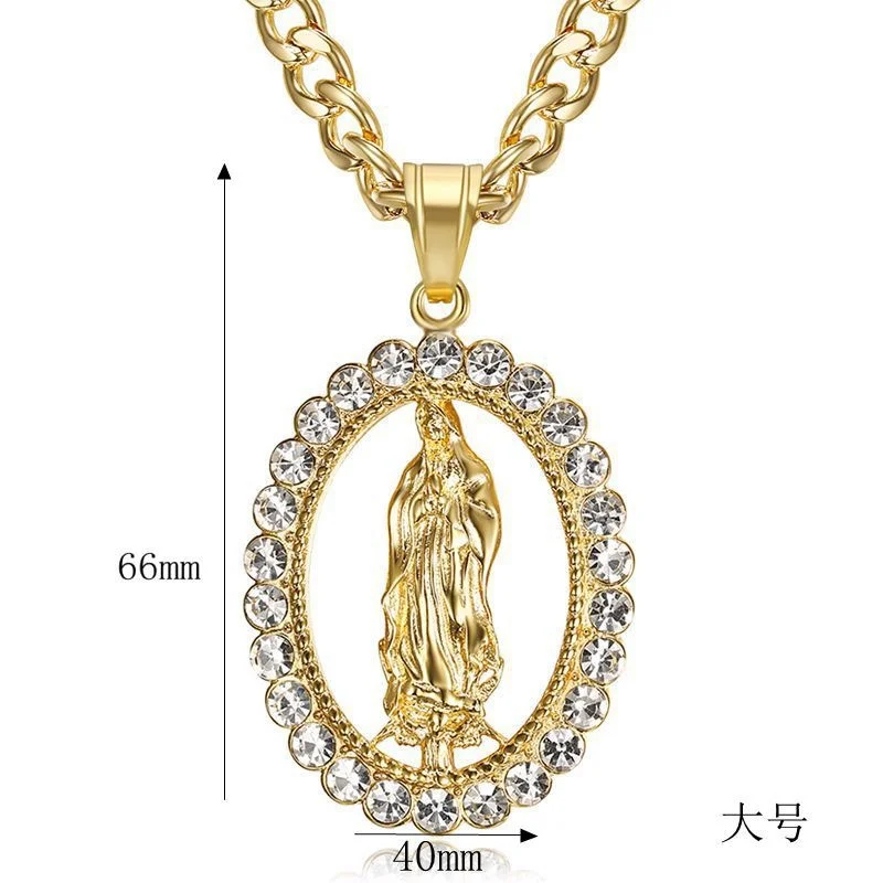 

Hip hop hip hop accessories titanium steel gold plated diamond Catholic Virgin Mary Pendant Necklace