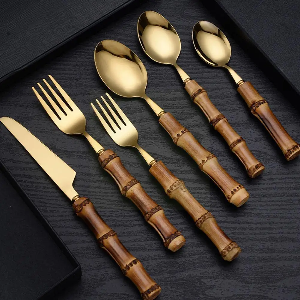 

Tableware With Bamboo Handle With Steak Knives Cutlery Steel Cutlery Tools Forks Kitchen Flatware Knives Spoons Y3G8