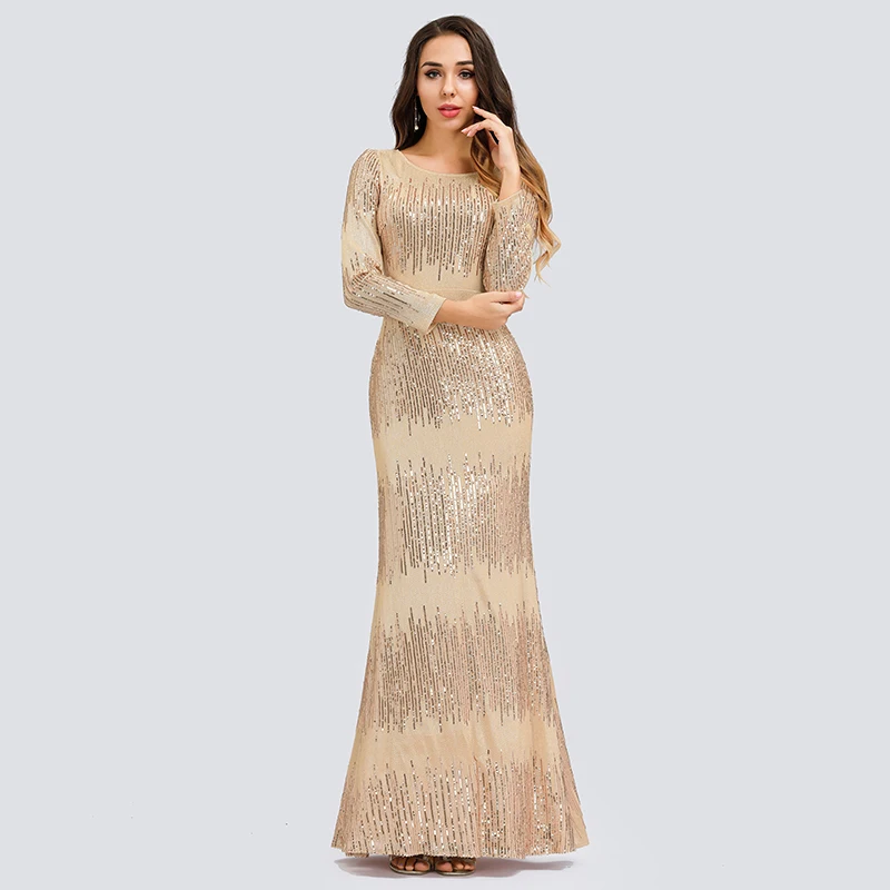 Вечернее платье Русалка Элегантное Шампанское длинное в пол с бисером вечерние