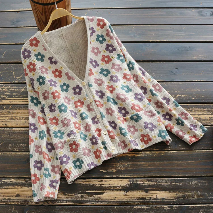 Vintage Mori Girl Floral Sweater 2019 V neck Autumn Loose Print Cardigan Knitting Coat Korean Fashion Women Tops YoYiKamomo |
