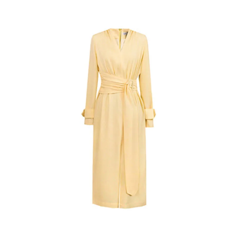 

HARLEYFASHION Women Spring Summer Elegant Light Yellow V-Neck Long Sleeve Adjuseable Waist Pleated Split Chiffon Dress For Women