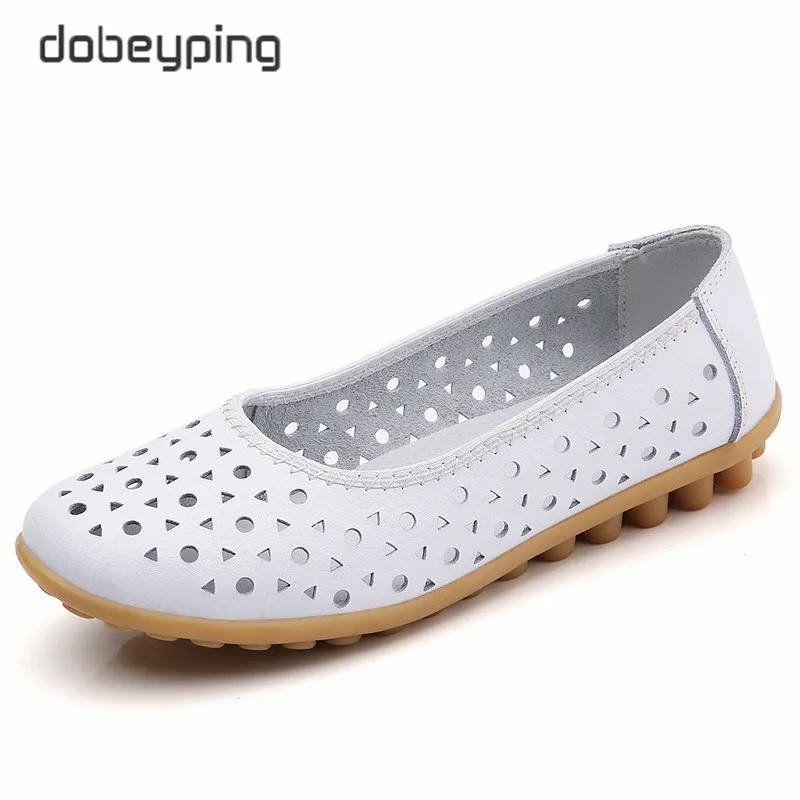 dobeyping Breathable Women Summer Flats Genuine Leather Woman Shoes Slip On Cut Outs Women's Loafers Mother Walking Peas Shoe