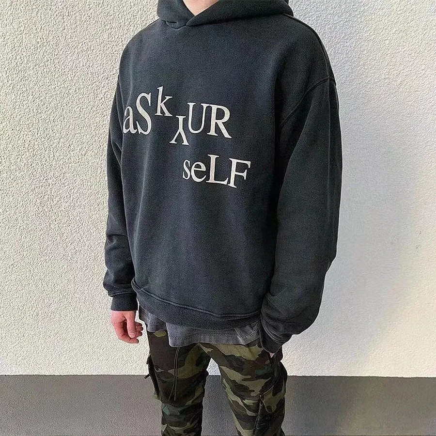 

Foam Print Askyurself Hoodie Hoody Men Women Heavy Fabric Vintage Pullover Washed Old Askyurself Sweatshirts