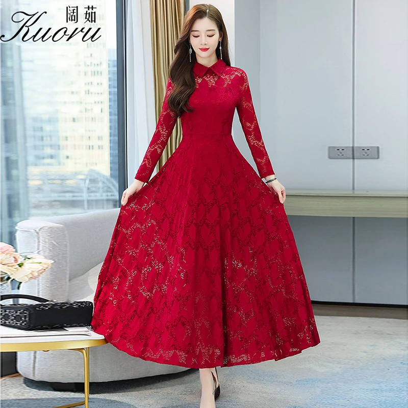 Женское платье с длинным рукавом красное Сетчатое вязаное крючком вечернее