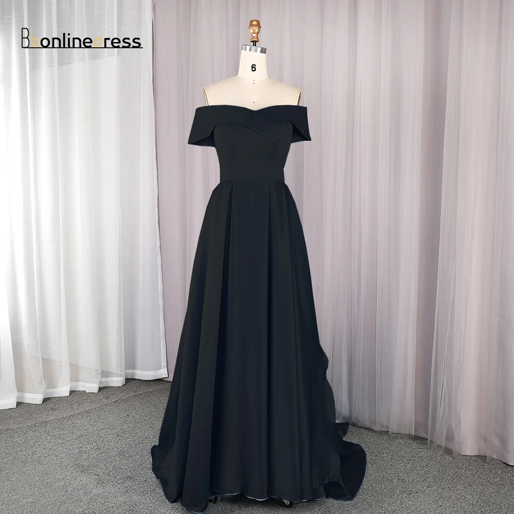 Bbonlinedress выпускное платье со шлейфом синее атласное вечернее платье с открытыми плечами с карманами разрез Вечернее платье - Цвет: Black