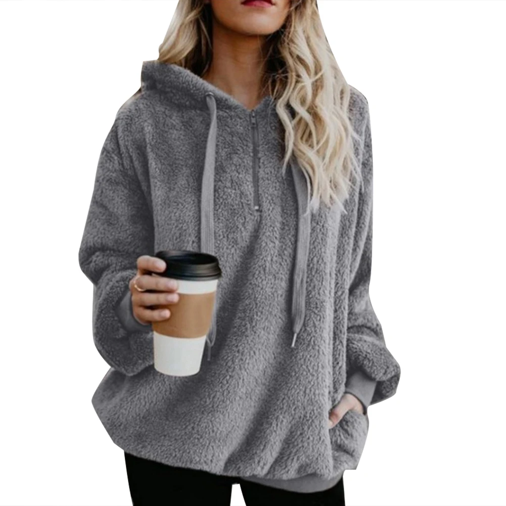 

Hoodie Sweatshirt Plus Size Winter Solid Color 1/4 Zip Up Fluffy Hoodies Women Women's autumn casual warm jacket
