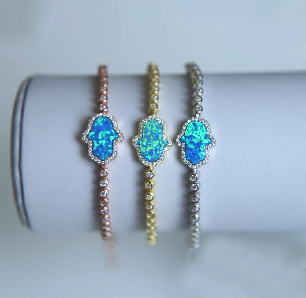 

2017 fine 100% 925 sterling silver jewelry 3 colors blue fire opal fatimas hamsa hand 2.5mm cz tennis chain 925 bangle bracelets