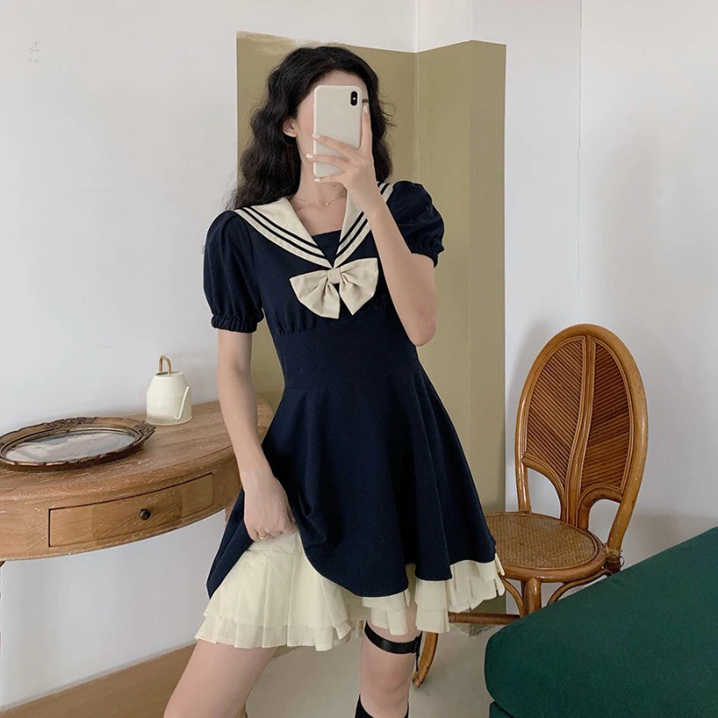 

Harajuku Sailor Collar Navy Dress Japanese Lolita Sweet Bow-knot Girl Kawaii Preppy Style Woman Dress JK Uniform