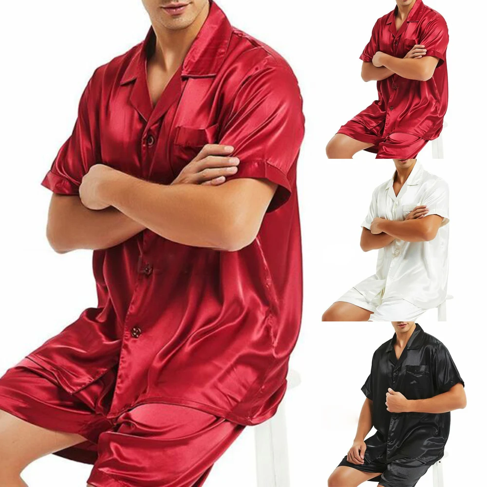 

2Pcs Pyjamas Set Mens Silk Satin Tops+Shorts Sleepwear M~3XL Plus Size