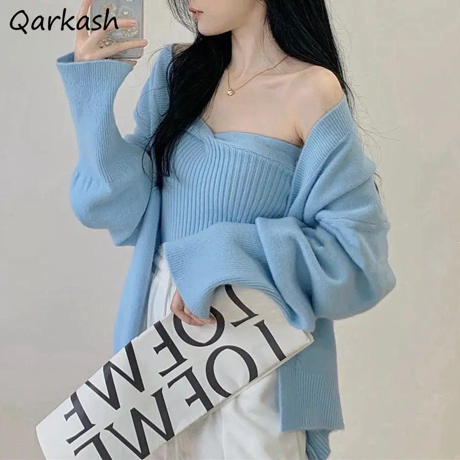 

Women Sets Solid Camisole Loose Cardigan Knitwear Spring Tender Outfit Simple Ulzzang Femme Leisure Temperament 3 Colors Cozy