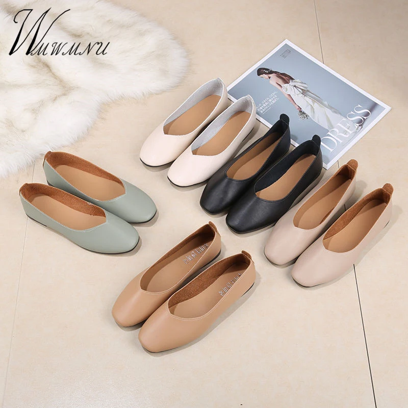 Туфли женские в стиле ретро кожа плоская подошва квадратный носок без застежки