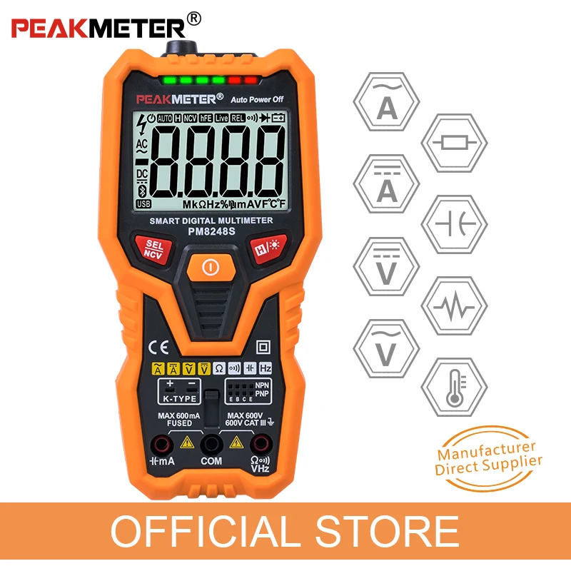 Peakmeter PM8248S Smart AutoRange Professional Digital Multimeter Voltmeter NCV Frequency Backlight Temperature Transistor test |