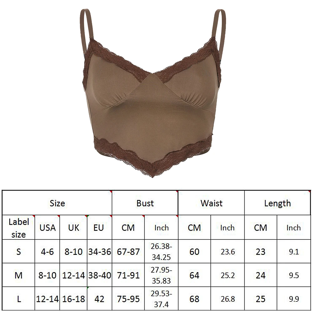 

Lace Brown Sleeveless Spaghetti Strap Tops Summer V Neck Sexy Crop Tops Tees Women Fashion Backless Cami Tops 90s Y2K