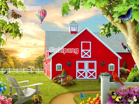 

Diamond Embroidery Red Beautiful Huts Blue Sky White Cloud 5D DIY Cross Stitch Rhinestones Square or Round Diamond Home Decorati