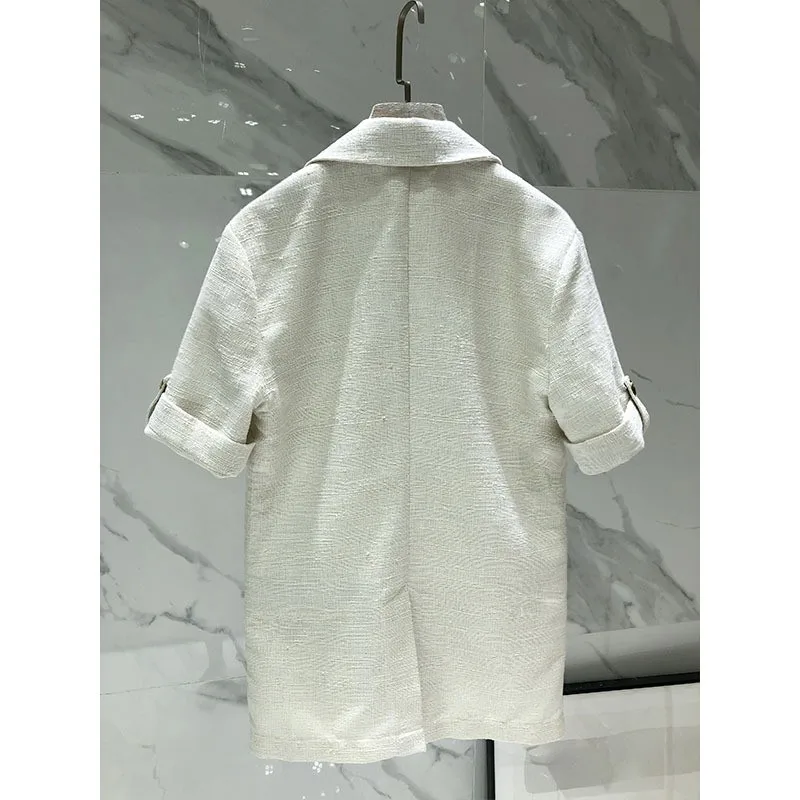 Офисная Женская летняя тонкая твидовая куртка с коротким рукавом женская