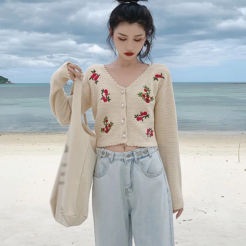 

Fashion Women V Neck Flower Embroidery Knit Cardigans Sweater Loose Elegaht Print Short Coat