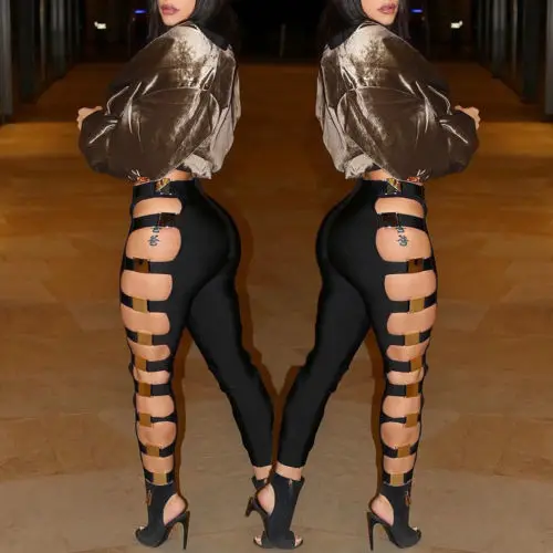 

2018 New Summer Sexy Womens Girls High Waisted Hollow Pants Lady Clubwear Bandage Extreme Ripped Underlay Black Pants SIZE 8-14