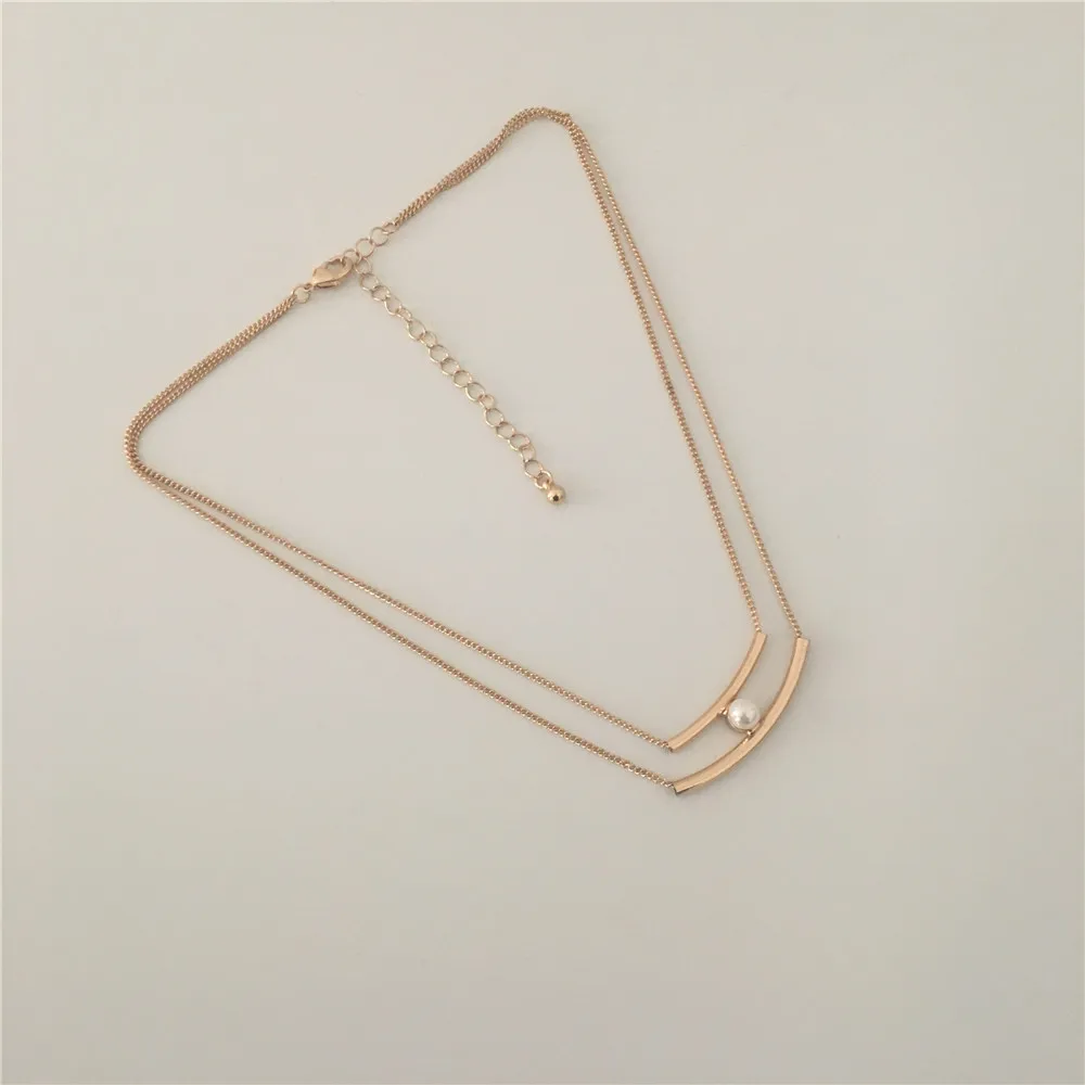 

Gold Color Plating Two Thin Pipe beside Pearl in Center Collar Necklace For Women Girl Casual Trendy Lady GIft High Quality