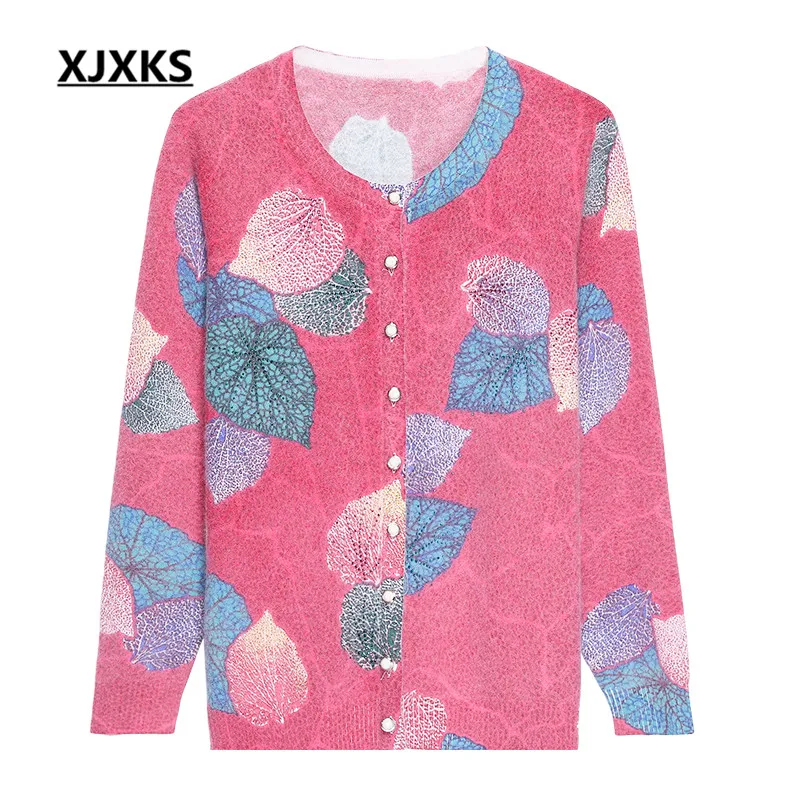 XJXKS 2020 spring winter new women Mink Cashmere sweater loose plus size fashion single-breasted cardigan printed |