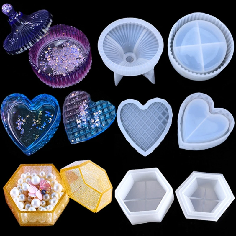 

T84A 3 Styles Heart Round Box Resin Casting Mold with Lids Storage Container Mold Kit
