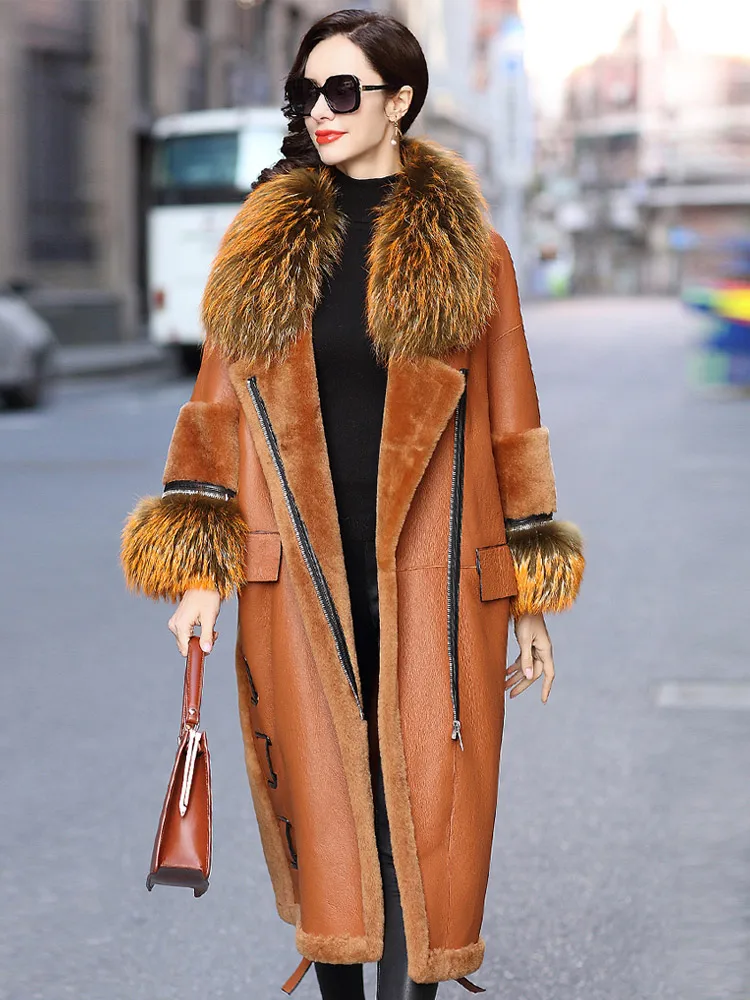 

2020 Fashion Design Raccoon Fur Collar Leather Coat Real Sheepskin Fur Integrated Outwear Women's Natural fur Jacket
