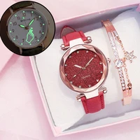 women quartz watches rhinestone romantic starry sky luminous wrist watch girls leather electronic dial watch clock with battery