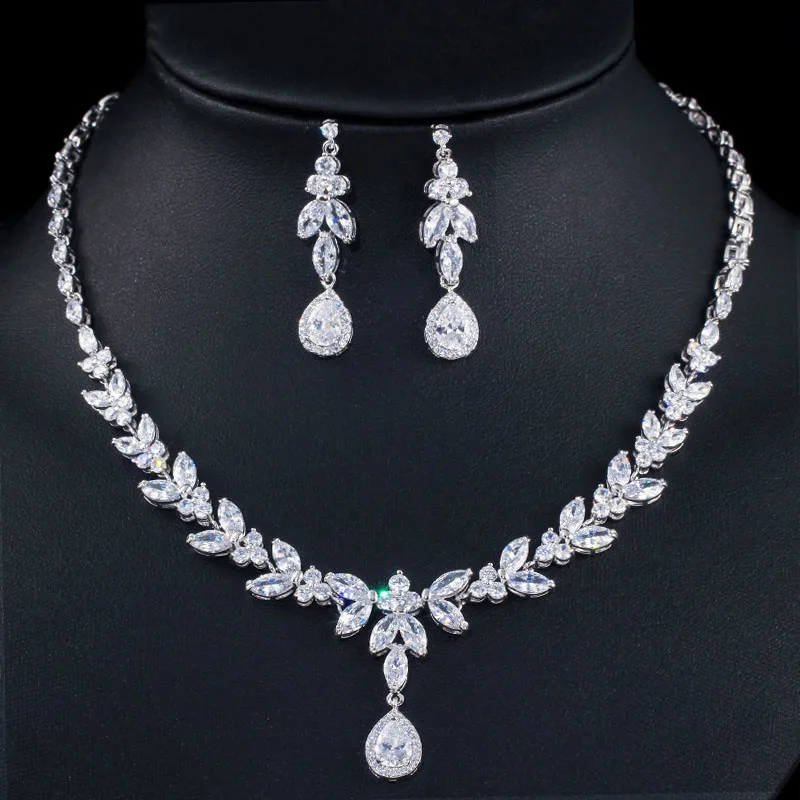 Silver Color CWWZircons элегантный лист падение Африканский нигерийский CZ цирконий желтый золотой невесты свадебный набор украшений для женщин вечерние платья T371 - Окраска металла: Silver Color