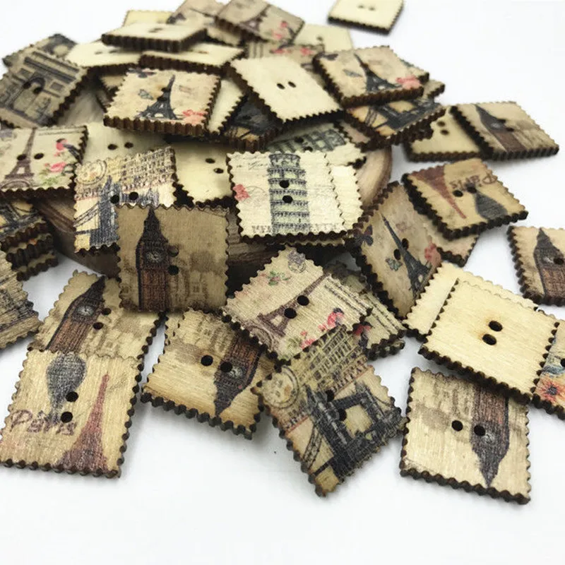 DIY 100pcs Retro Square Mixed landscape Wooden buttons Fit Sewing 20mm | Дом и сад