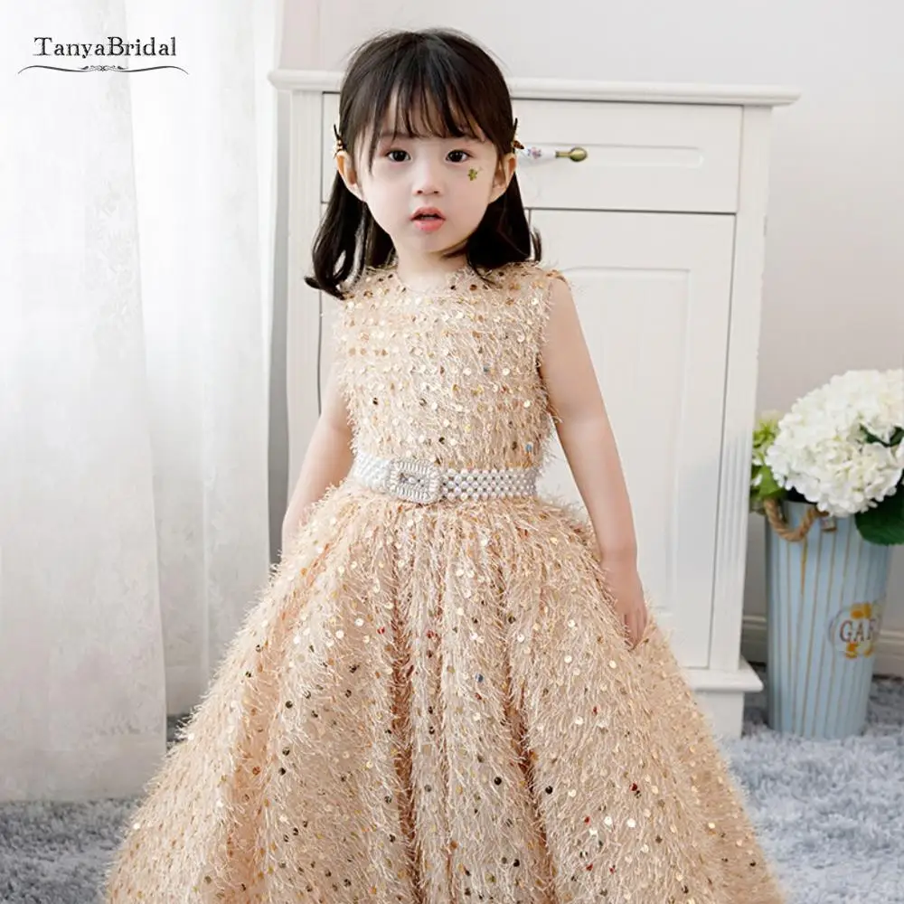Cute Ball Gown Flower Girls Dresses for Party and Wedding Champagne Gold Bling Sequins Long Formal Gowns Baby Girl XF044 | Свадьбы и