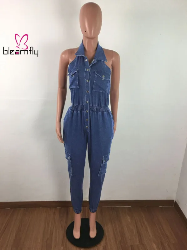 Осенне зимний женский джинсовый комбинезон на пуговицах без рукавов с открытой